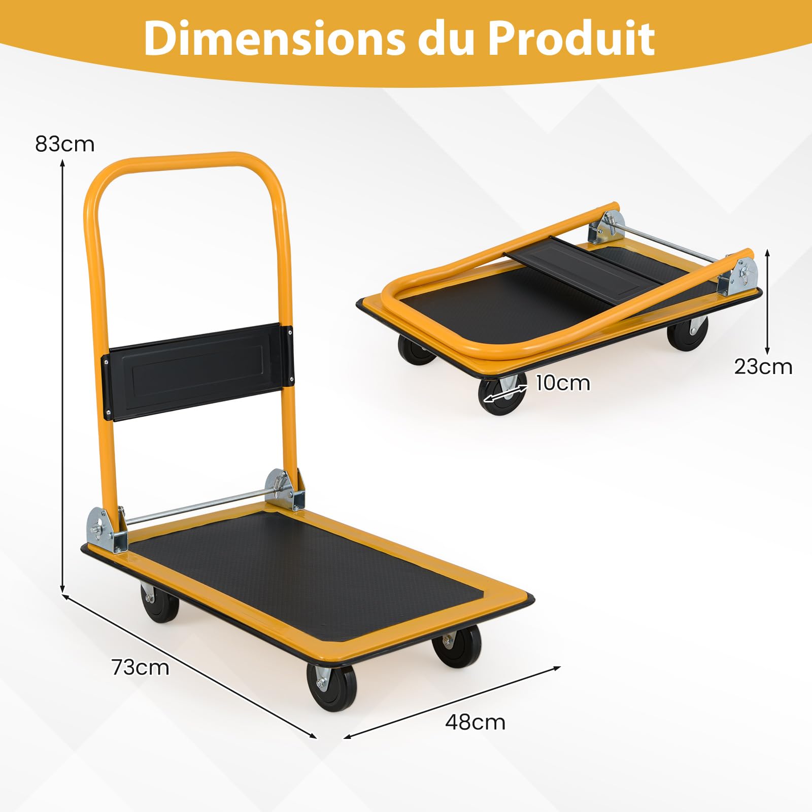 COSTWAY Chariot à Plateforme, Chariot Diable Pliable de Transport, avec 4 Roues Pivotantes Antidérapants, pour Garage Équipement Entrepôt Déménagement Aide au Transport, Charge 150 KG (Noir+Jaune)