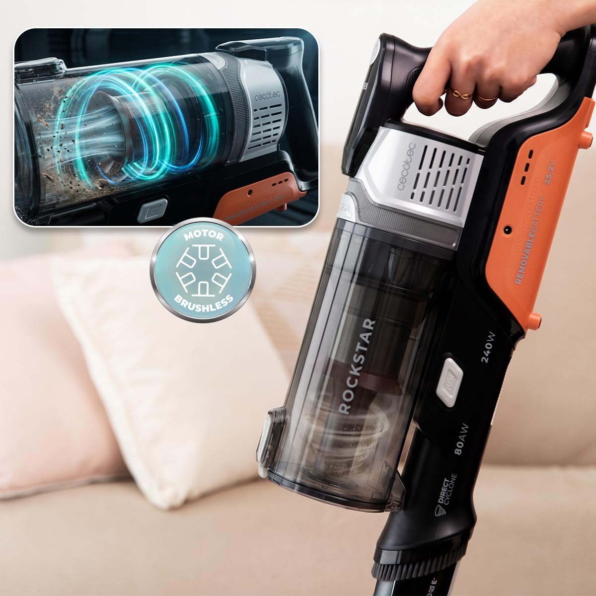 Cecotec Bezprzewodowy odkurzacz Conga Rockstar S30 Flex, ultralekki, 2,5 kg, 80 AW, silnik BLDC, 240 W, bezwłosowy pędzel, akumulator 45 min, rura ErgoFlex do szybkiego czyszczenia bez wysiłku w domu