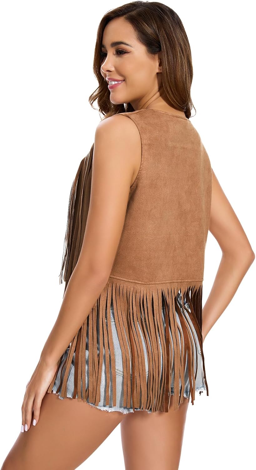 Women's Fringe Vest 60s 70s Hippie Vest Sleeveless Cowgirl Western Faux Suede Tassel Leather Jacket Hippie Party - Image 4