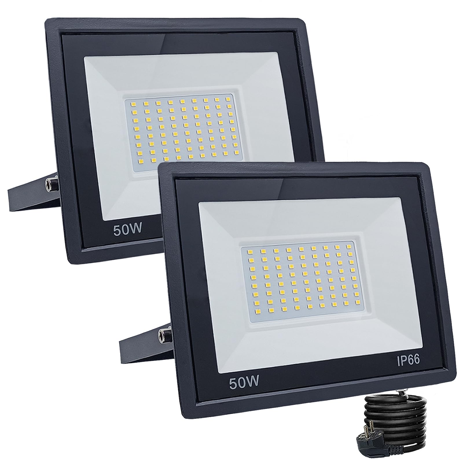 Meision LED Strahler Außen 50W, Scheinwerfer Mit Stecker, Superhell Aluminium Flutlicht Warmweiß 3000K IP66 Wasserdicht, Außenstrahler Mit 3m Kabel Für Hof, Garage, Garten, 2 Stücke