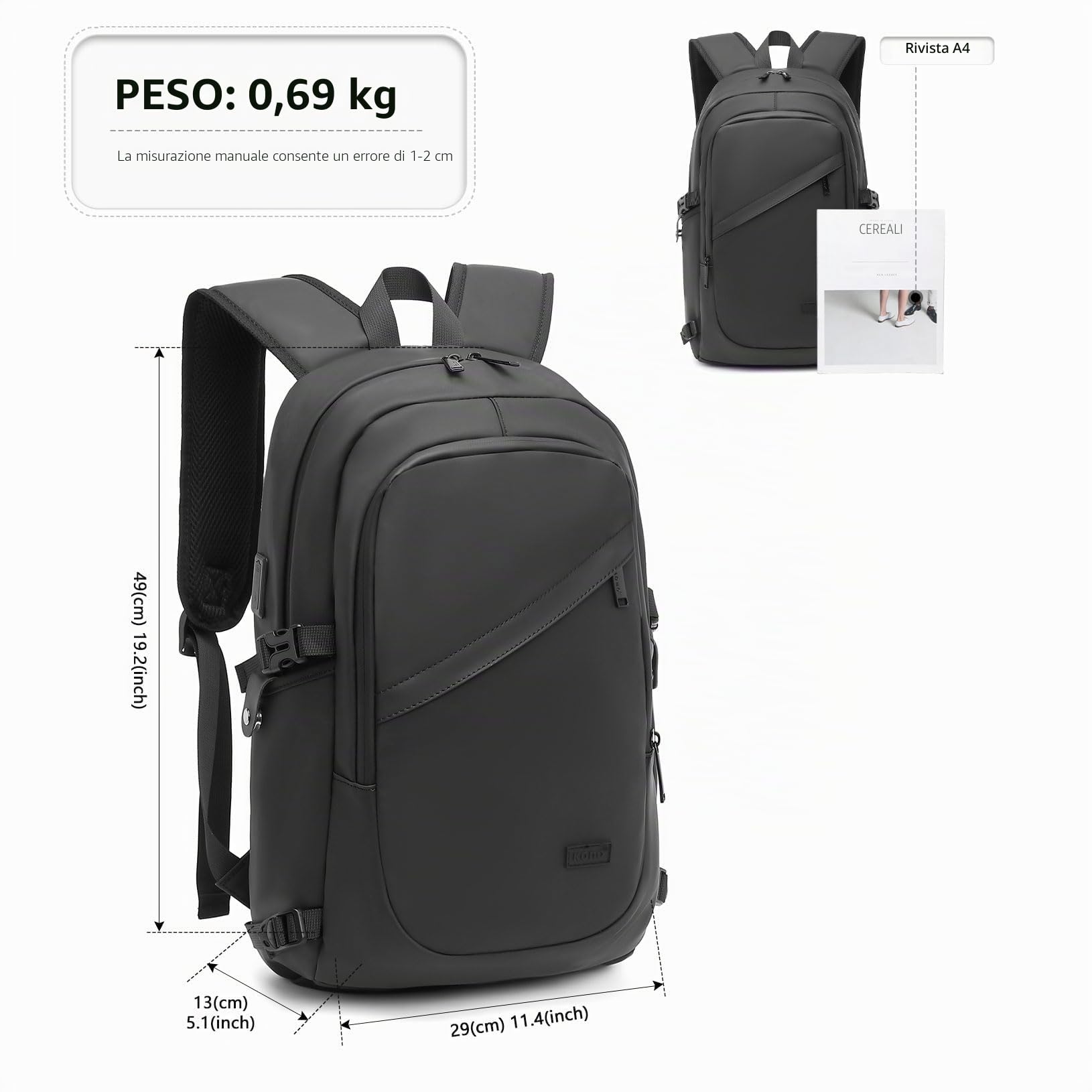KONO Zaino Porta PC 15.6/17.3 Pollici con Porta USB, Zaino da Lavoro Uomo Impermeabile per Università Viaggi Aereo, Design Elegante