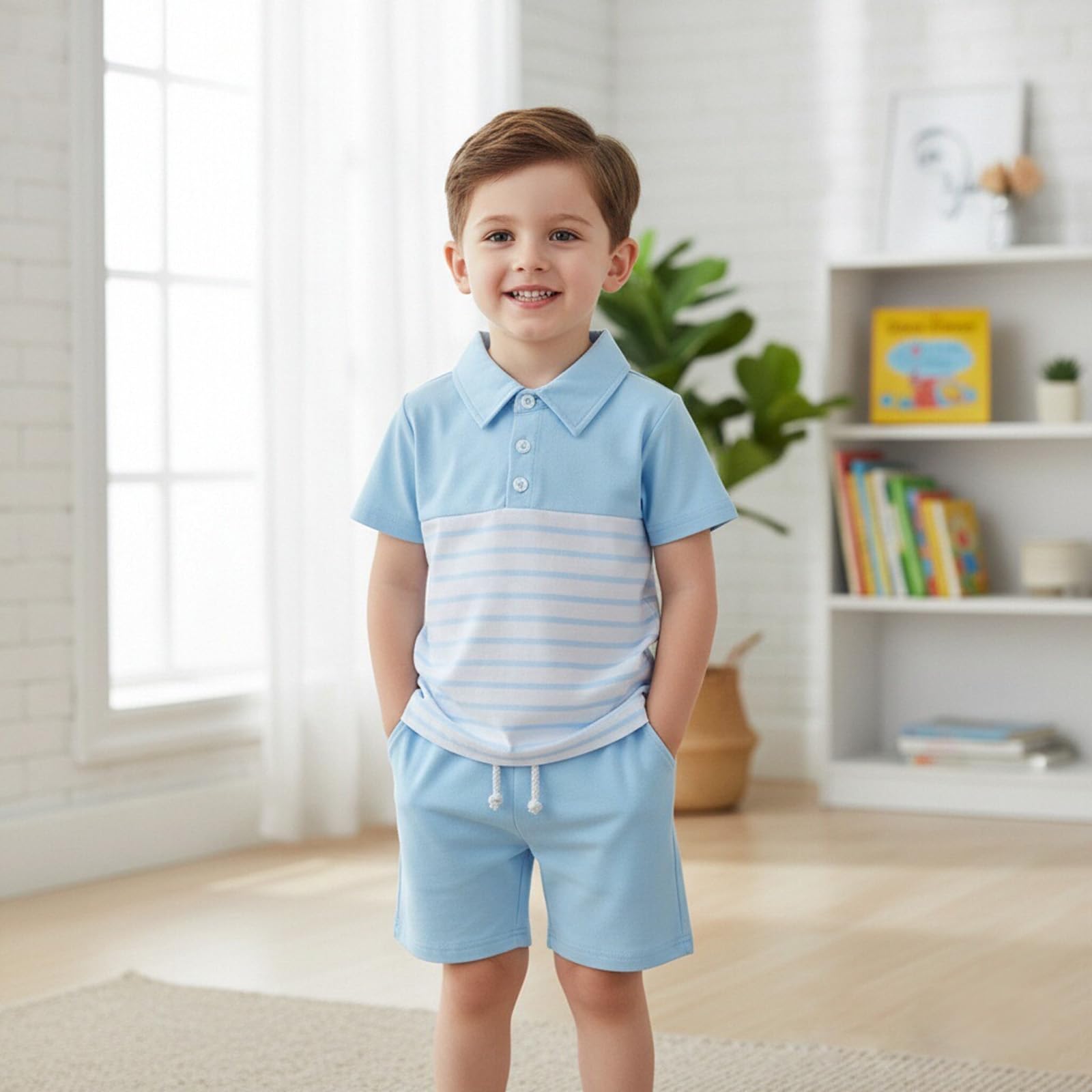 Bébé Garçon D'été Vêtements Casual Manches Courtes Poloshirt T-Shirt Tops et Rayé et Short à Taille élastique 2 Pièces Ensemble de Survêtement