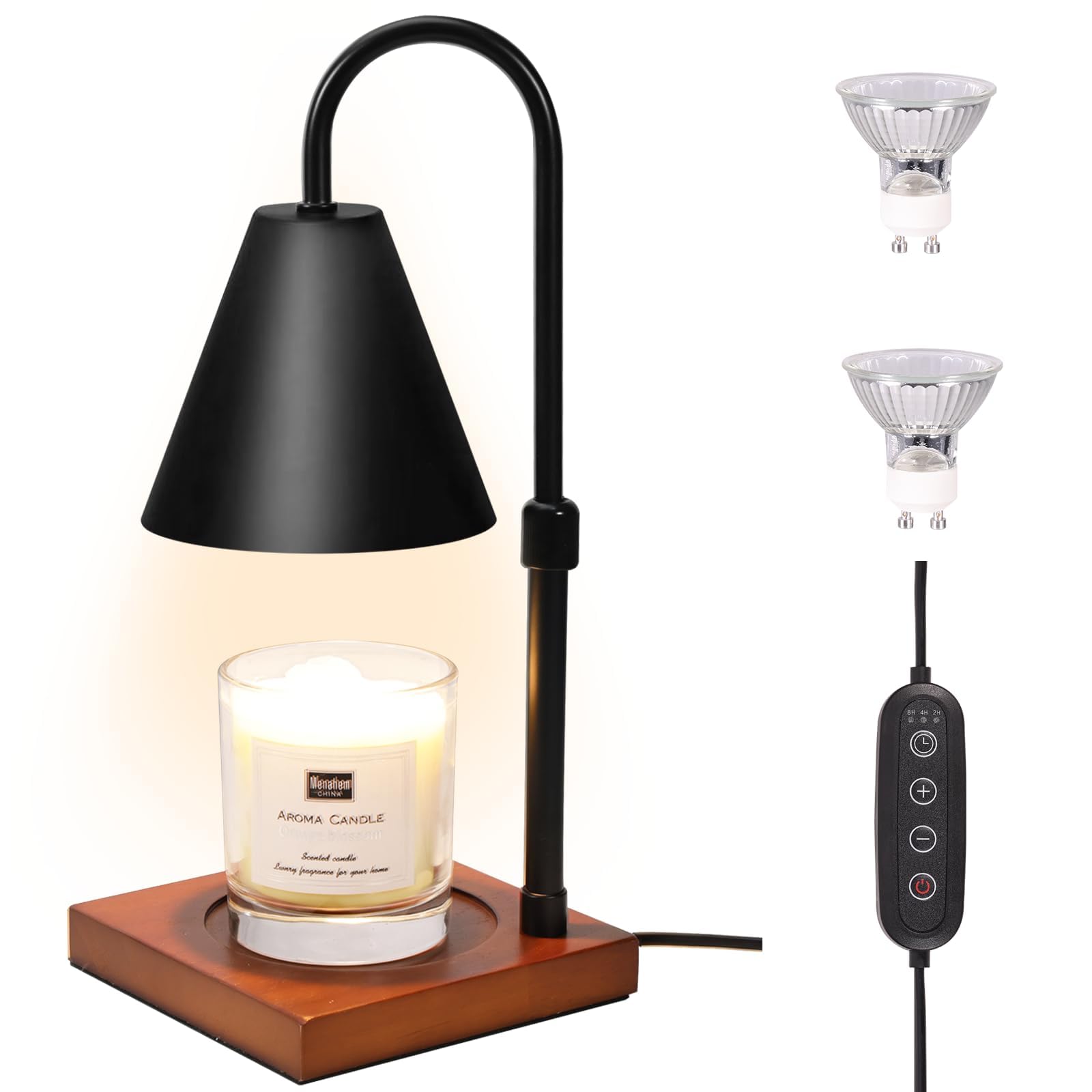 Candle Warmer Lamp with Timer, Electric Candle Lamp Warmer for Jar Candles, Gifts for Mom, Bedroom Home Decor Adjustable Height Dimmable Wax Melt Warmer Lamp for Scented Wax with 2 Bulbs, Black