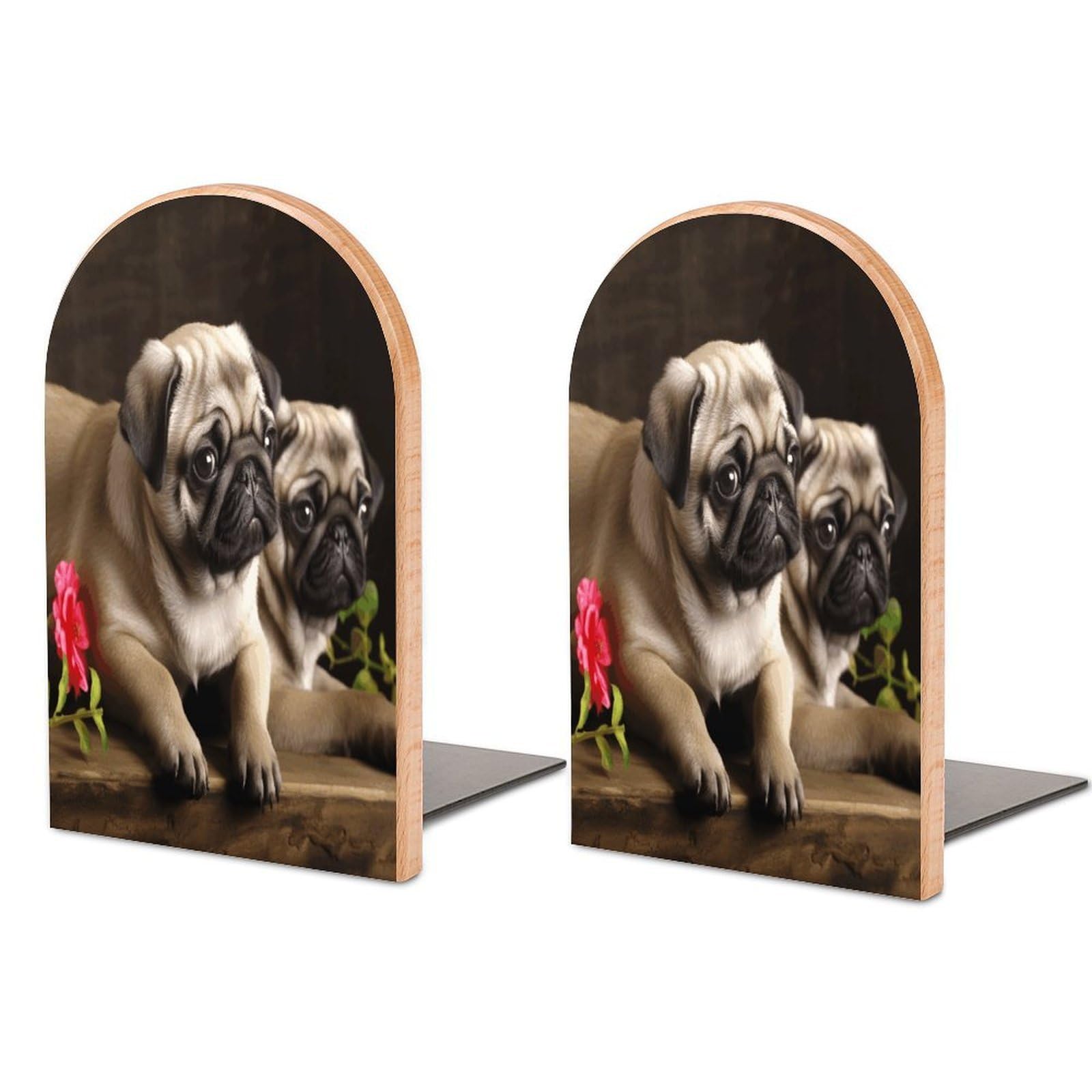 Puppys Pug Bookends Modern Bookends for Shelves Fashion Heavy Duty Book Stopper Sturdy Non-Skid Metal Base Wood Book Ends for Library Home Office 1 Pair