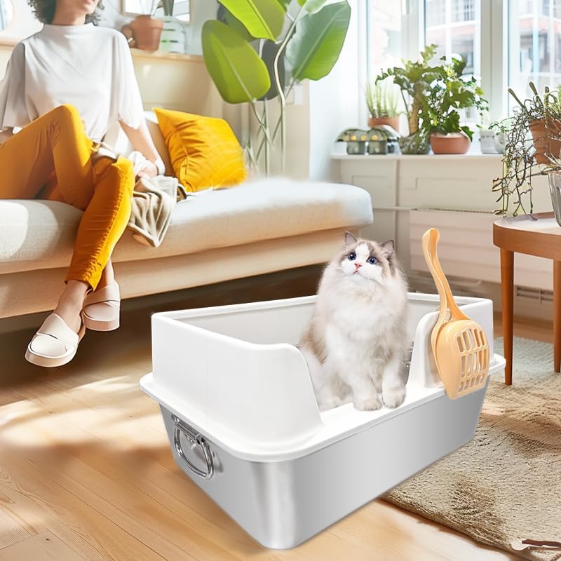 L&W BROS. Stainless Steel Cat Litter Box with Lid, Scooper & Handle 19.7”x 13.7”x 9.5” Cat Litter Box Stainless Steel for Large Cats Easy to Clean No Odor Residue, Non-Sticky, Anti-Leakage (White)