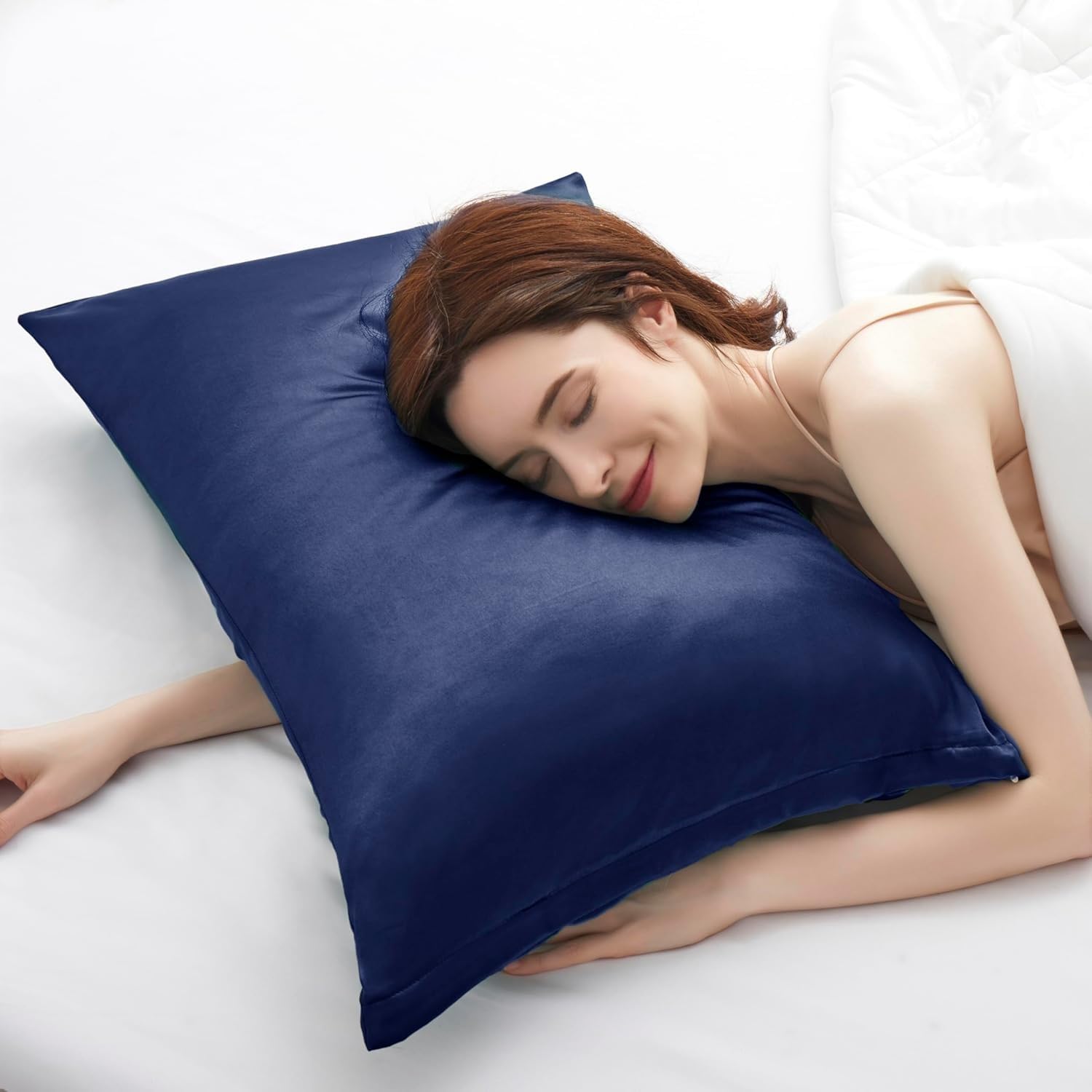 BEDSUM Confezione Da 2 Federe In Raso Di Poliestere 50x101 Cm - Morbide E Setose, Per Capelli E Pelle - Chiusura A Busta, Blu Navy