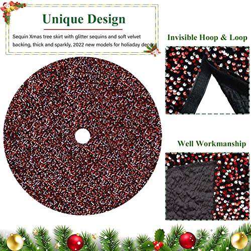 Red And Silver Tree Skirt 30 Inch Christmas Sequin Tree Skirt Velvet Fabric Glitter Xmas Tree Cover Base Rustic Tree Skirt Box Mermaid Floor Mat For Christmas Trees Holiday Home Decor Tree Collar Mat #TOP2