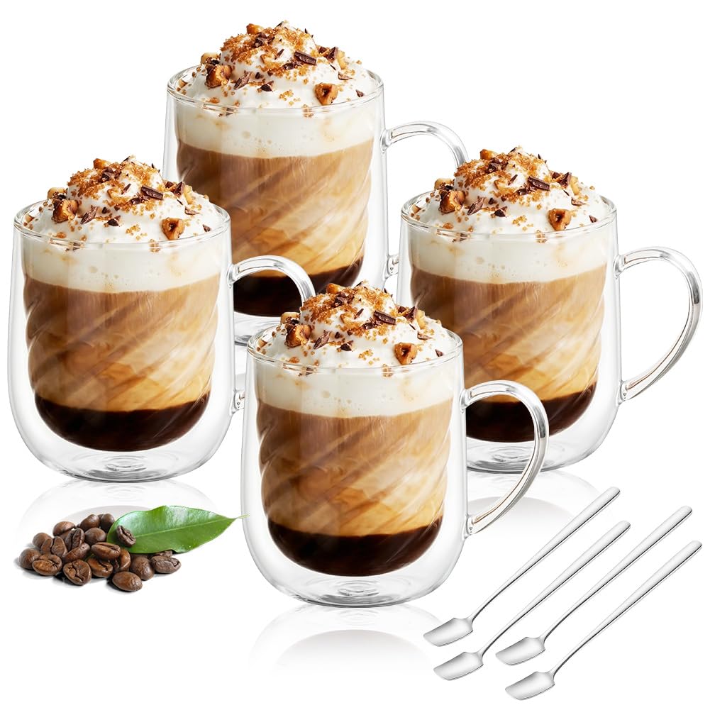 AOOTE Double Walled Glass Mugs, 4PCS Double Walled Coffee Glasses, 350ML Borosilicate Heat Resistant Glass Cups with Handles and Spoons, Cappuccino Latte Glasses Cups for Coffee Milk Juice Ice Cream
