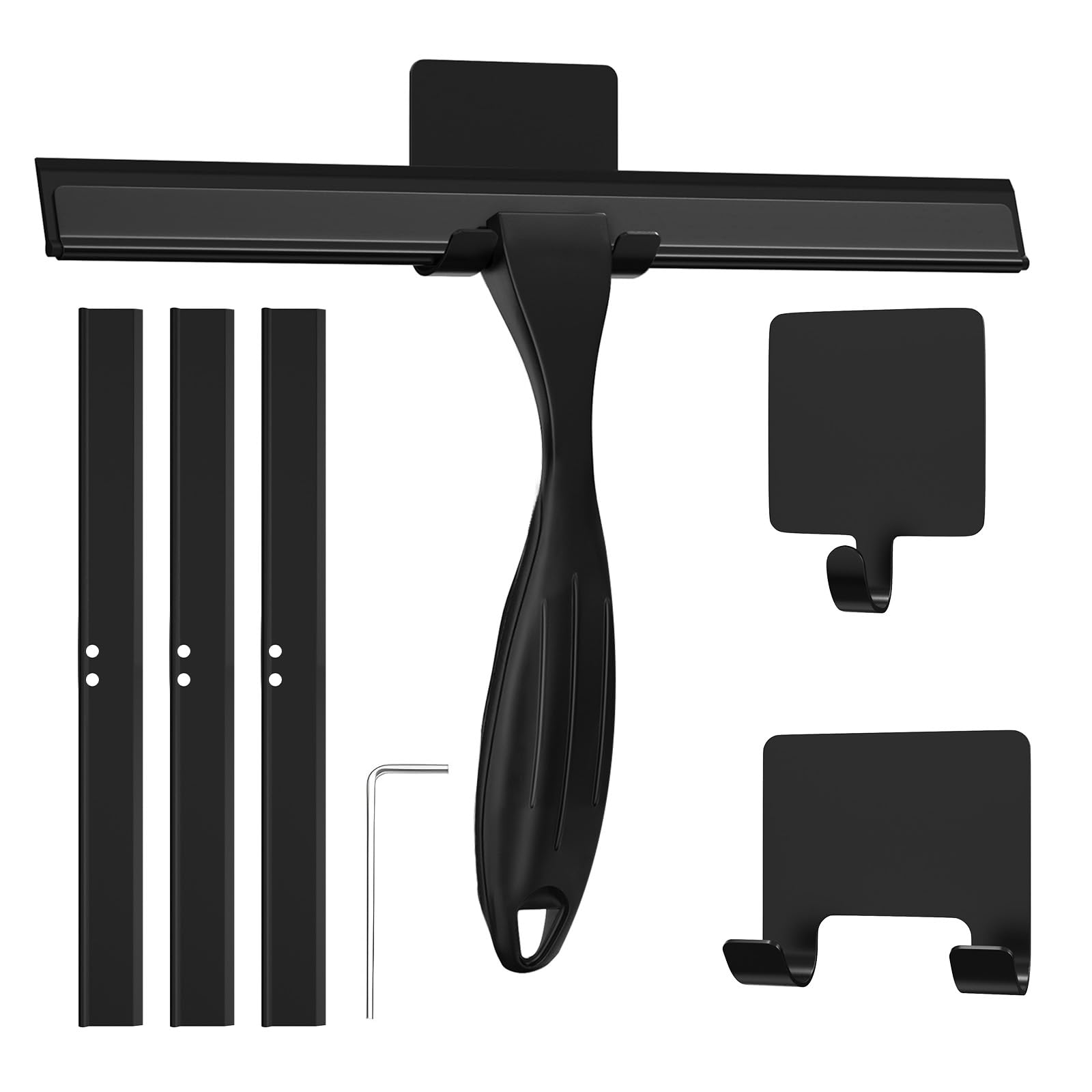 25 Cm Tergivetro per Doccia In Acciaio Inossidabile, Tira Acqua da Doccia + 2 Ganci Autoadesivi & 3 Labbra Silicone, Antiscivolo & Maneggevole, Tiraacqua Vetri Doccia Raccogli, Per Bagno, Nero