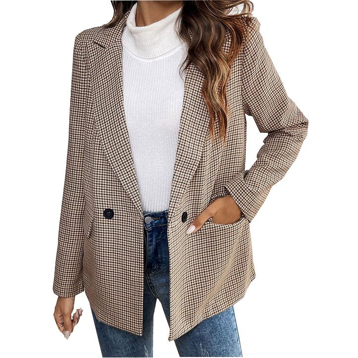 HGps8w Women's Retro Plaid Blazers, Elegant Notched Long Sleeve Casual Suit Jacket Business Office Outerwear with Pockets
