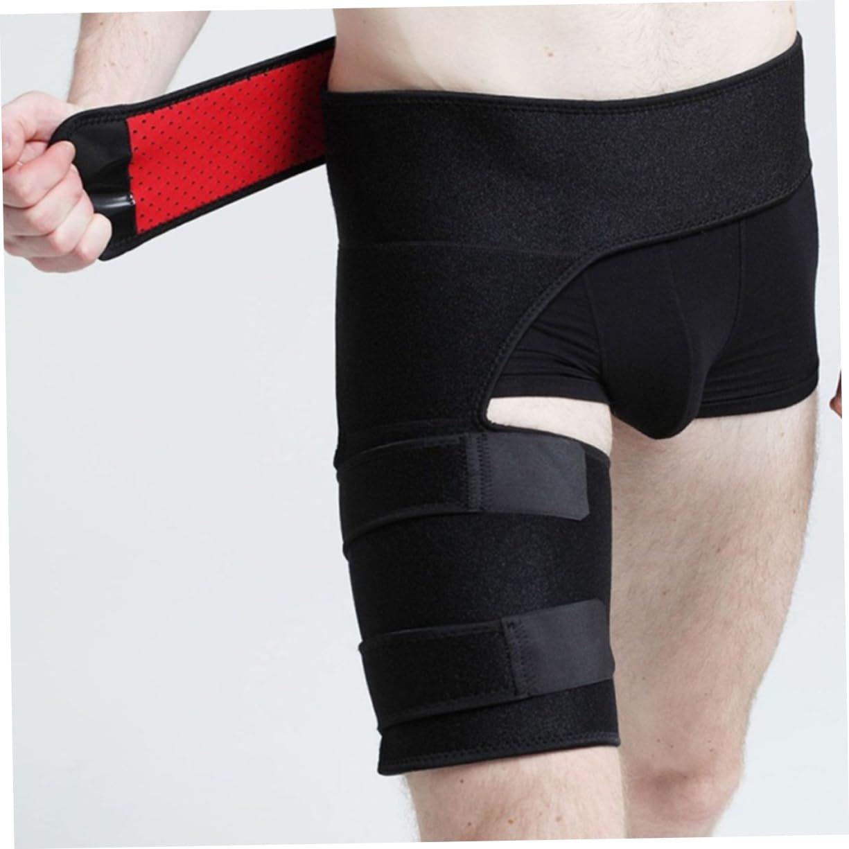 Thigh Support Belt for Fitness Adjustable Waist and Lumbar Brace for Men and Women Compression Thigh Brace for Weightlifting and Sports Black Red Color