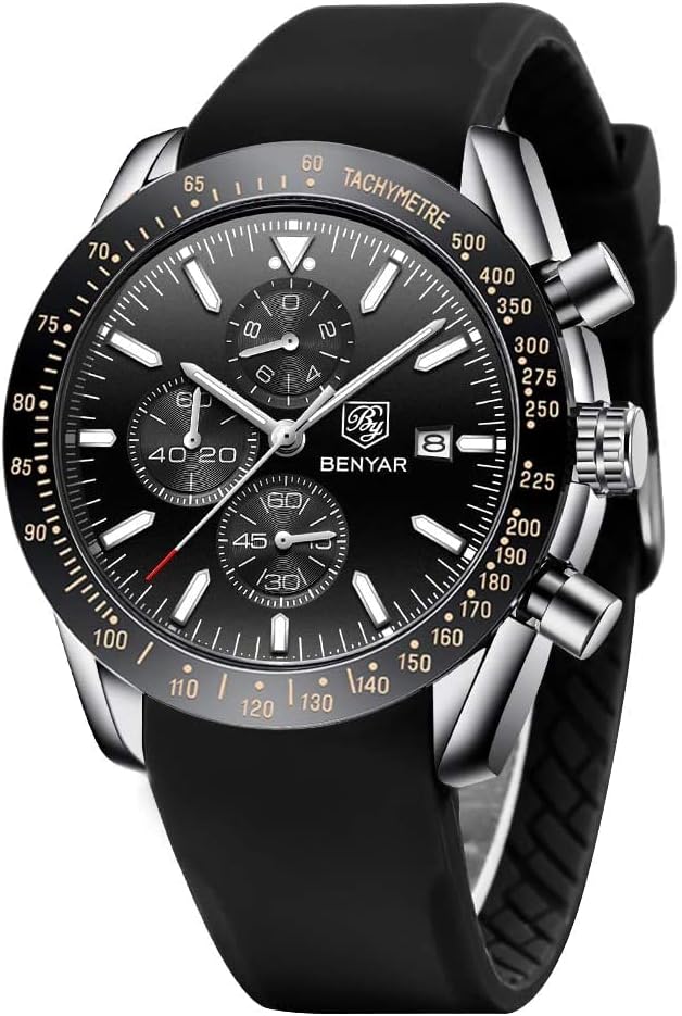 BENYAR - Wrist Watch for Men, Silicon Strap Watches Quartz Movement, Waterproof, Analog Chronograph Business Watches