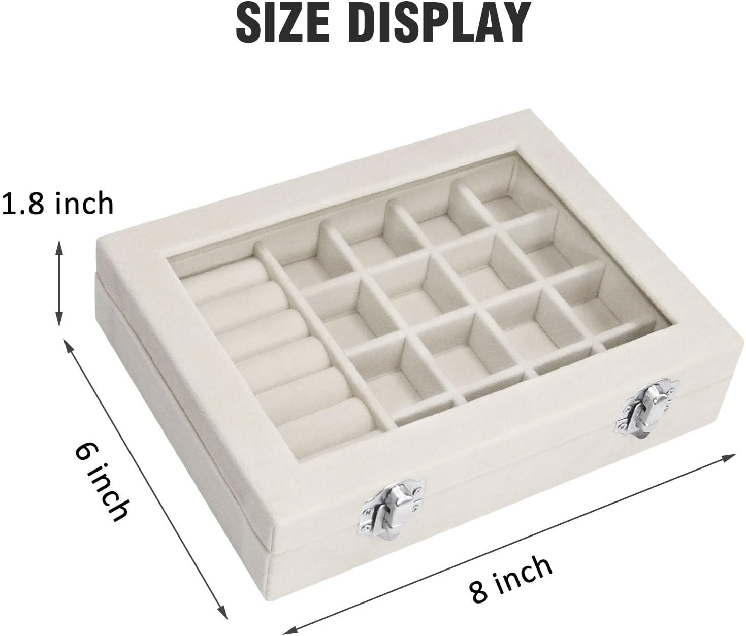 Vicoter Velvet Jewelry Organizer Tray 7 Ring Slots & 16 Grid Compartments Glass Lid Display Case Holder for Rings Earrings Bracelets for Girls Wife Mom Women（Beige）