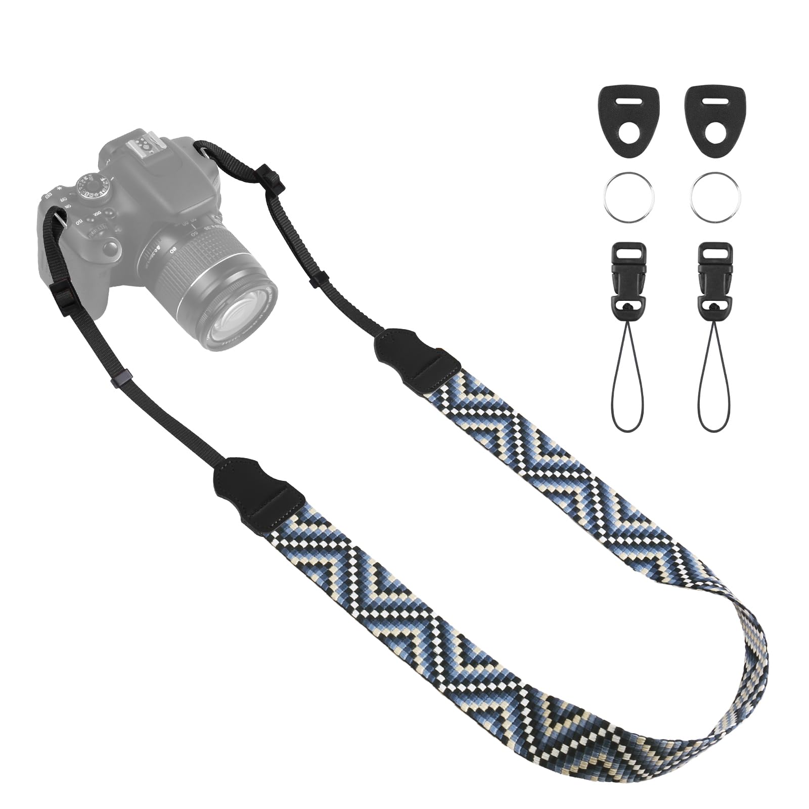 Universal Camera Strap - Camera Neck Strap, Adjustable Shoulder Straps Compatible with Canon, Fujifilm, Nikon, Olympus, Panasonic and other SLR and mirrorless cameras - Blue White Gquares