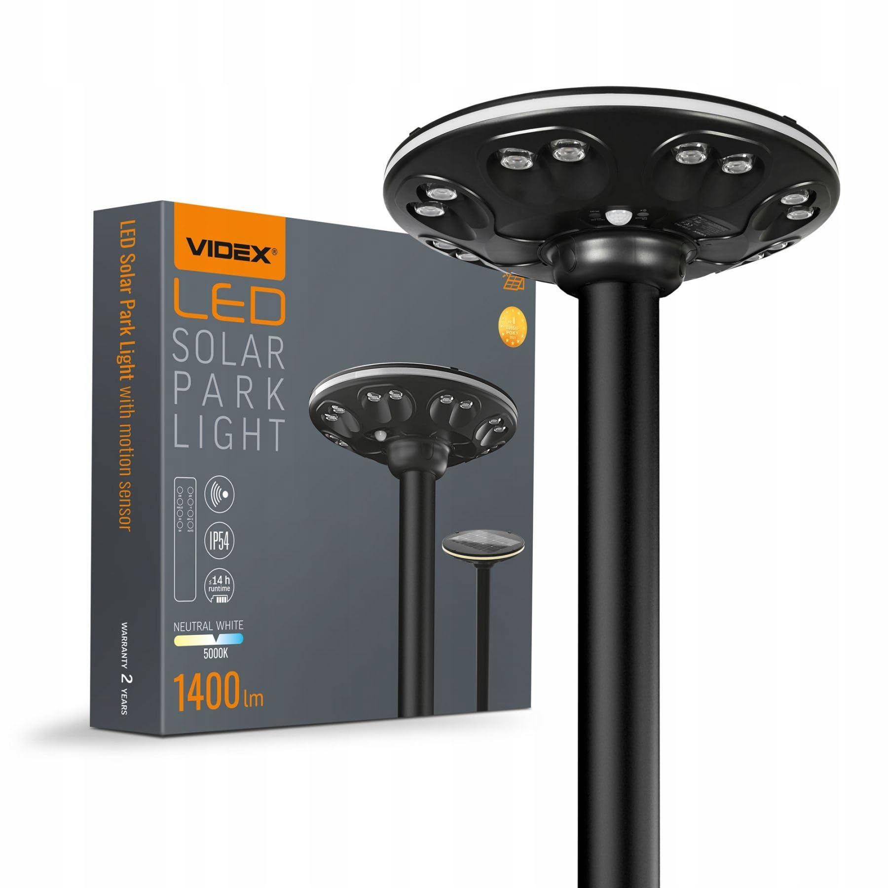 Solarna Lampa Uliczna Ogrodowa UFO Okrągła LED Videx 1400lm Czujnik + Pilot