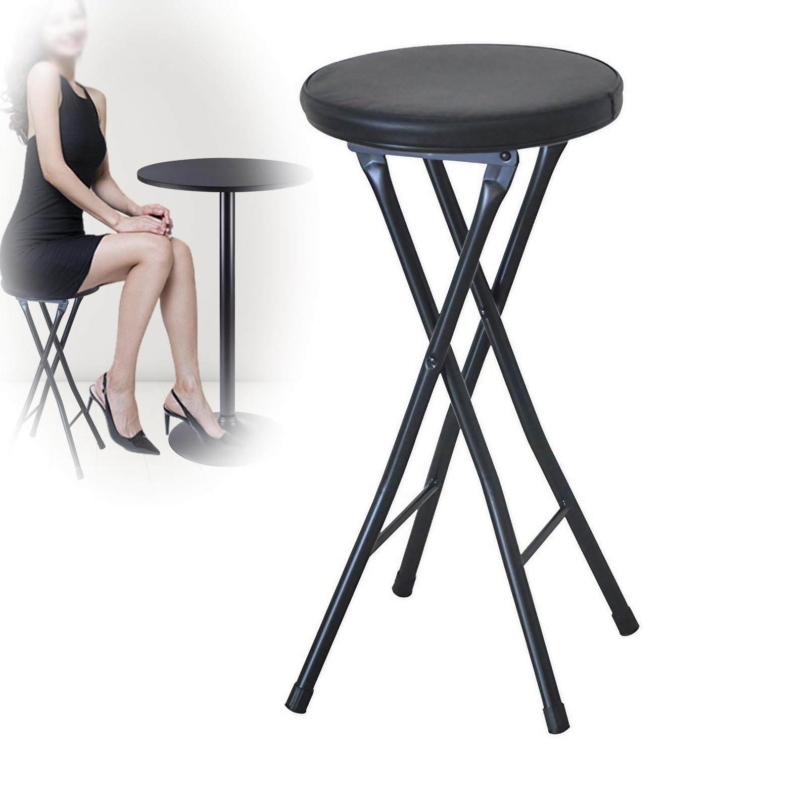 Taburete de bar plegable para cocina y uso al aire libre, taburete alto negro con asiento acolchado, silla plegable y portátil