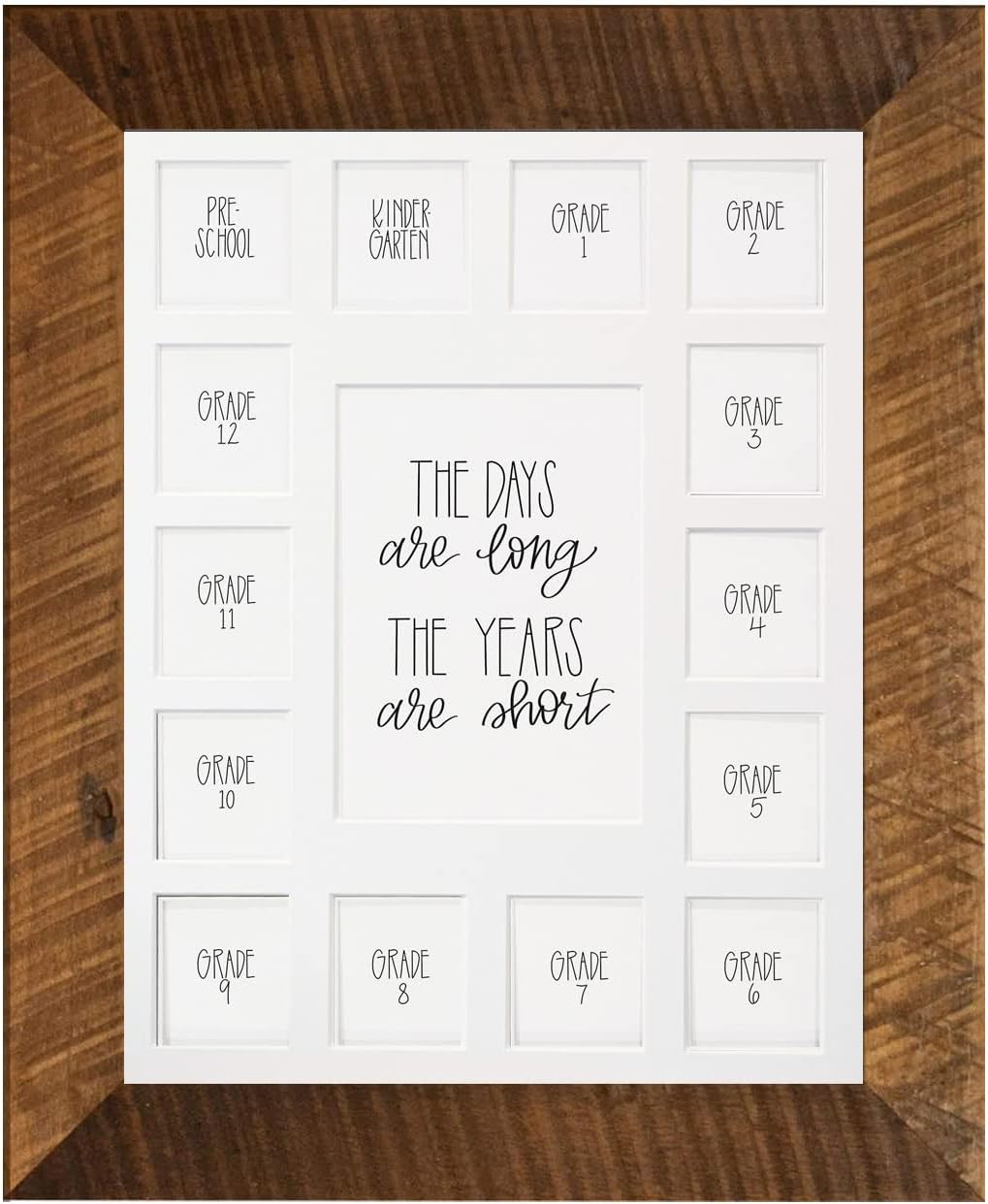 All Things For Mom School Years Reclaimed Wood Picture Frame with Mat - 11x14 Wooden Framed - Pre-School & Kindergarten to 12th Grade High School Graduation (15 Photos, 1PreK - 12th, White Mat)