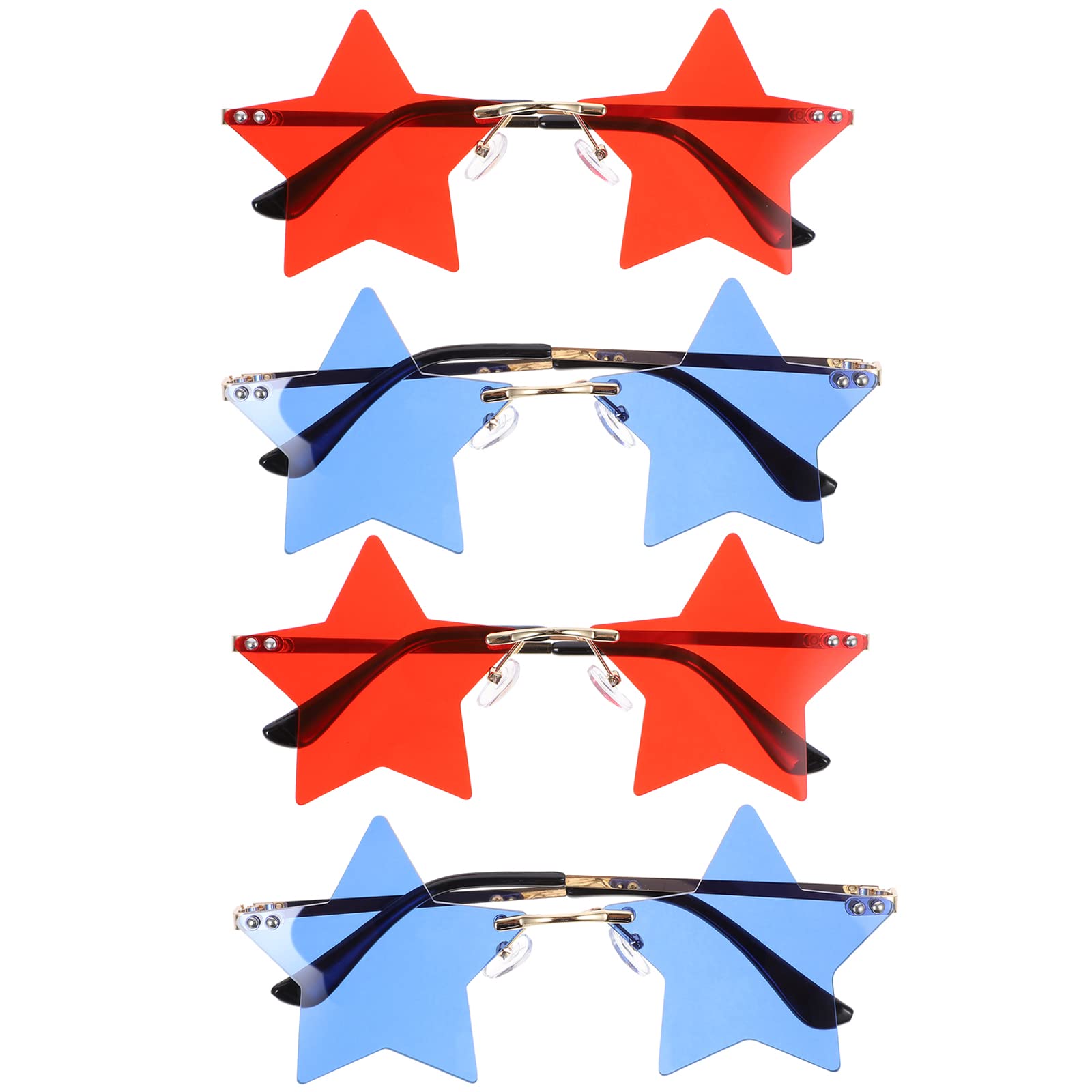LUOZZY 4pcs Star Shaped Rimless Sunglasses Red Blue Lens Patriotic Fourth of July Party Accessories for Men Women