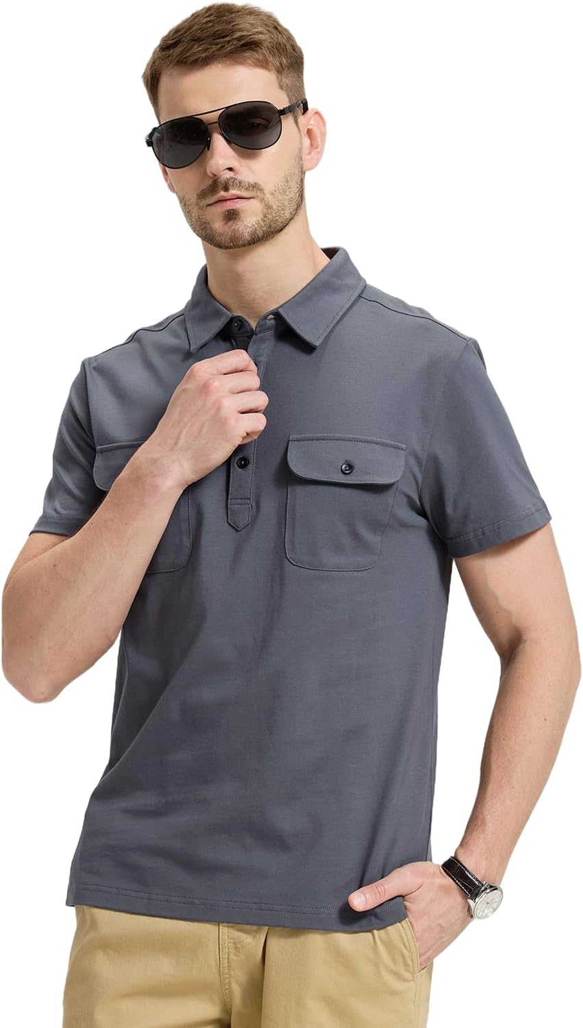 Men's Short Sleeve Polo Shirt Cotton Golf T-Shirt Work Shirts with 2 Pockets