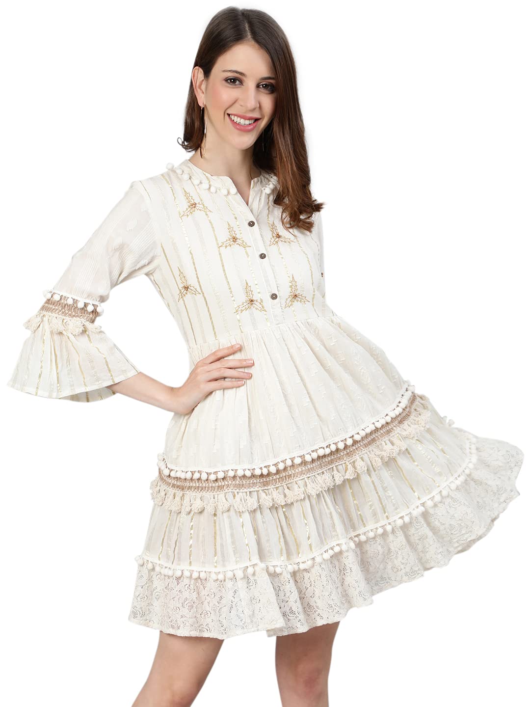 Ishin Women's Off White Pure Cotton Zari Embroidered A-Line Dress