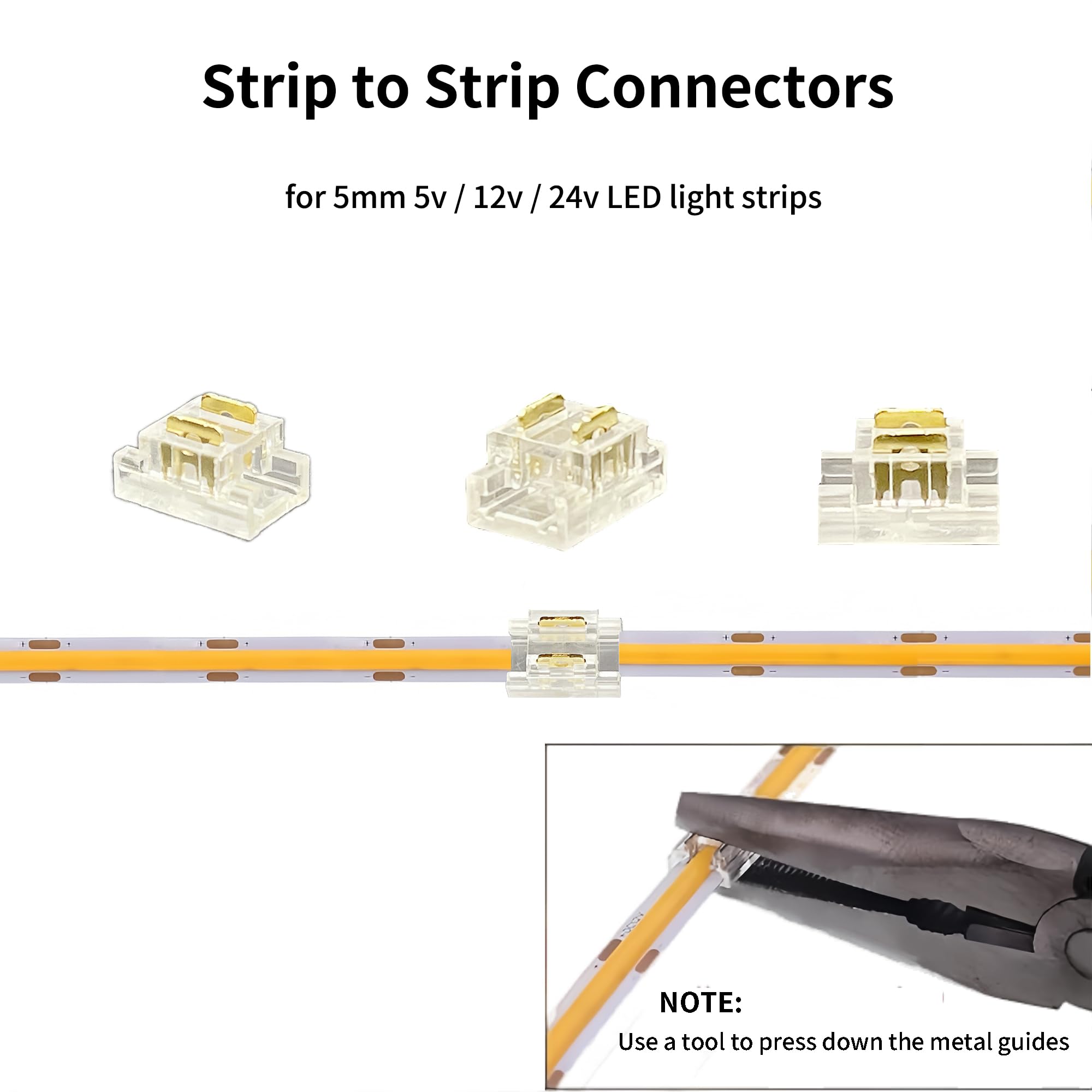 Clearhill 5mm 2Pin 24PCS Press-in Assembly COB LED Strip Connector Corner Kit,14PCS Strip to Strip,6PCS L-Shape,4PCS Strip to Wire +10cm Cable,for 5V 12V 24V Strip - Image 3