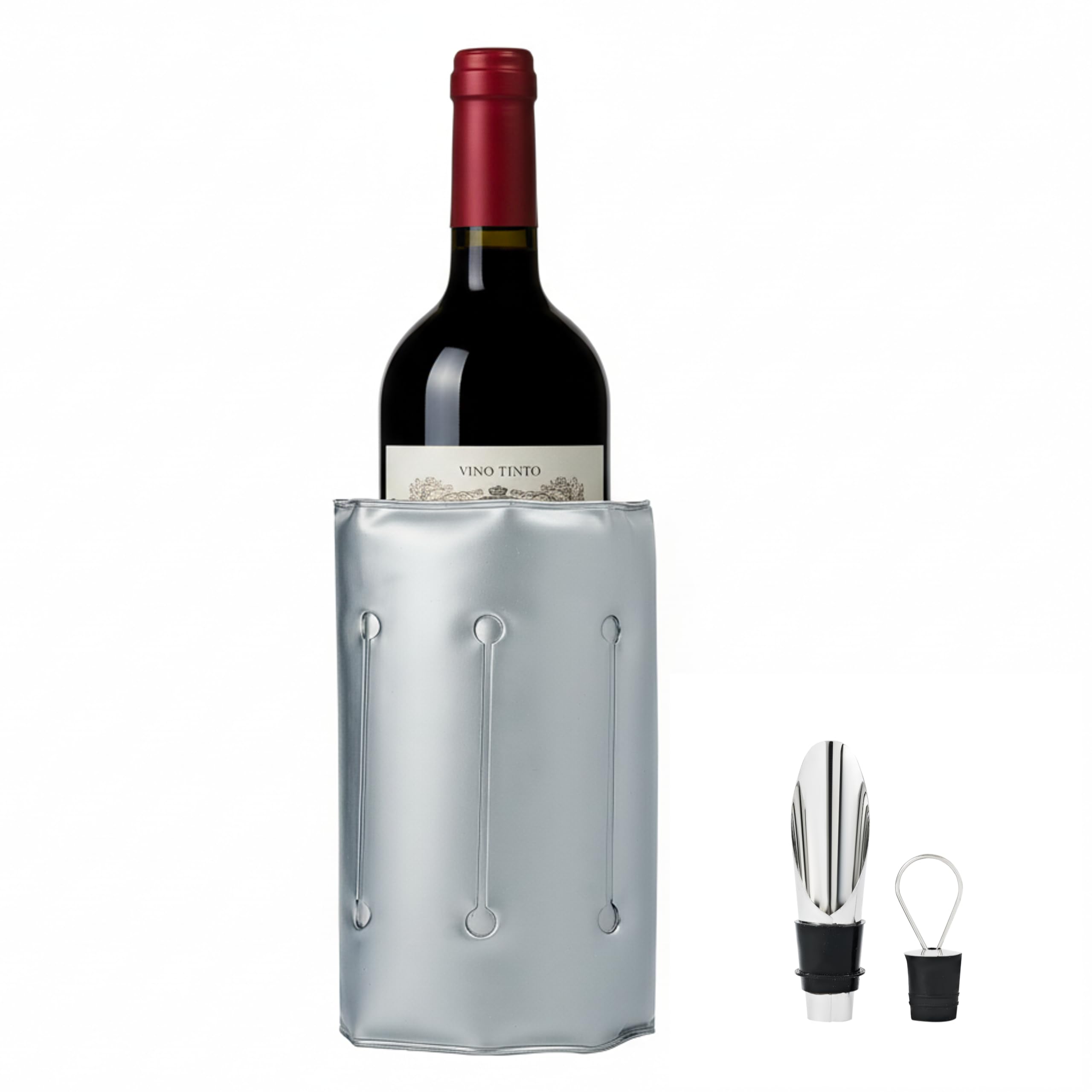 Enfriador de Botellas de Vino Gris con Cierre de Velcro | Incluye Escanciador Antigoteo Acero Inoxidable | Regalos Originales para Hombre | Accesorios para Vino | Ideal Champagne, Cava y Blanco