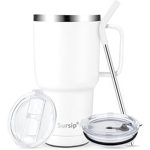 Sursip 30oz Insulated Mug/Tumbler With Lid and Straw,Stainless Steel Vacuum Tumbler,Keep Cold and Hot,BPA Free,Leak Proof,Dishwasher Safe,Car Holder,Gifts/Travel Mug/Coffee Tumbler(Whtie-1Pack)