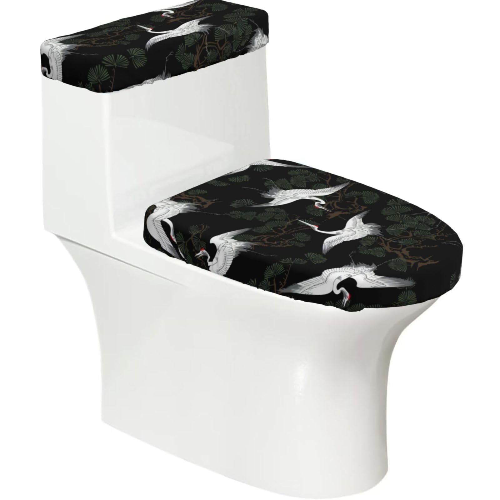 Japanese Crane & Pine 2-Piece Toilet Seat Cover Set with Tank Lid - Elastic for U-Shape & Elongated - Bathroom Decor
