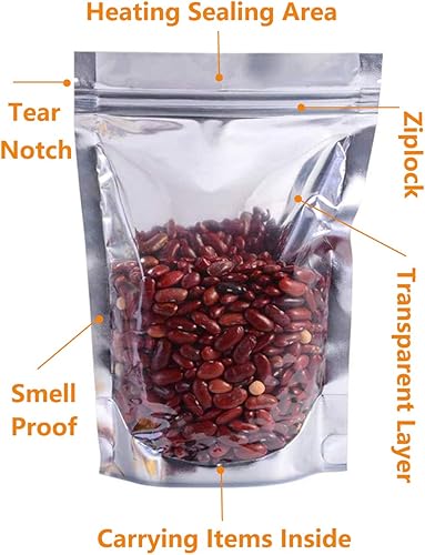 Miniatura 2 de 100 bolsas de papel de aluminio de pie, a prueba de olores, bolsas herméticas resellables para alimentos con cierre de cremallera, bolsas sellables