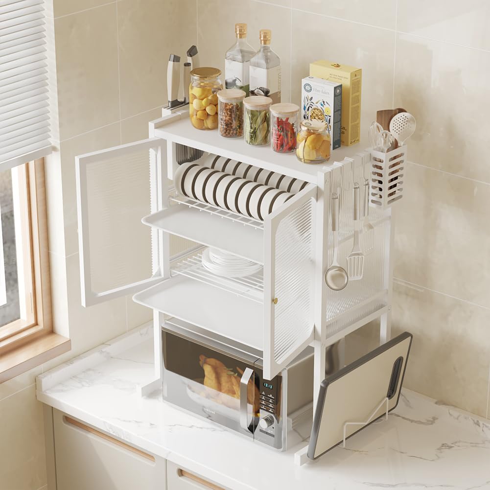 BAKAJI Scaffale Credenza Porta Microonde in Metallo Salvaspazio, Scaffalatura Portamicroonde con Vetrinetta Trasparente, Base Antiscivolo, 2 Ripiani Interni, 57 x 37 x 76 cm (Bianco)