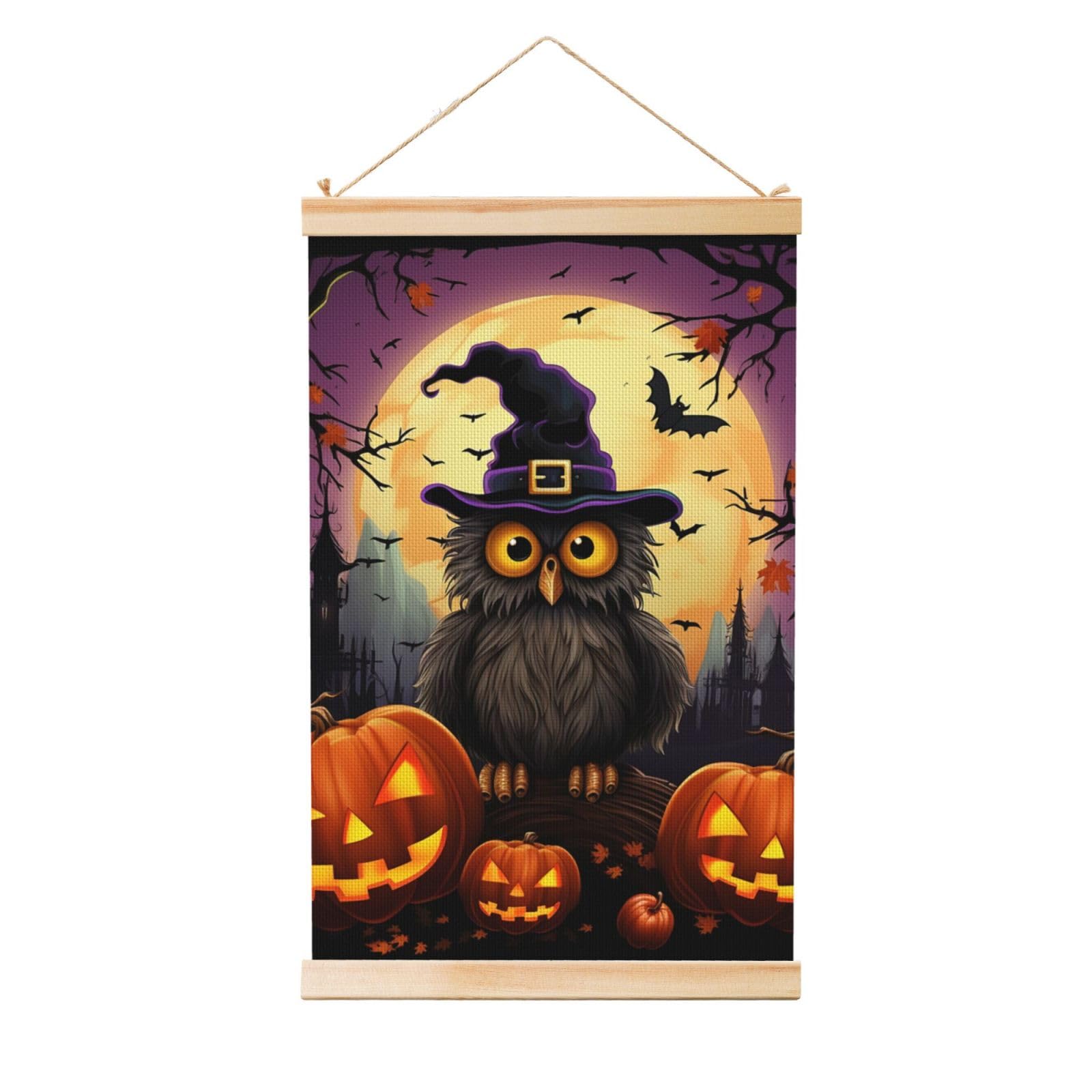 Halloween Owl Ghost Pumpkin Posters Wooden Shaft Hanging Poster Canvas Prints Scroll Wall Art Painting Vintage Wall Banner Modern Artwork Decor for Home Decor Ready to Hang 12"x18"