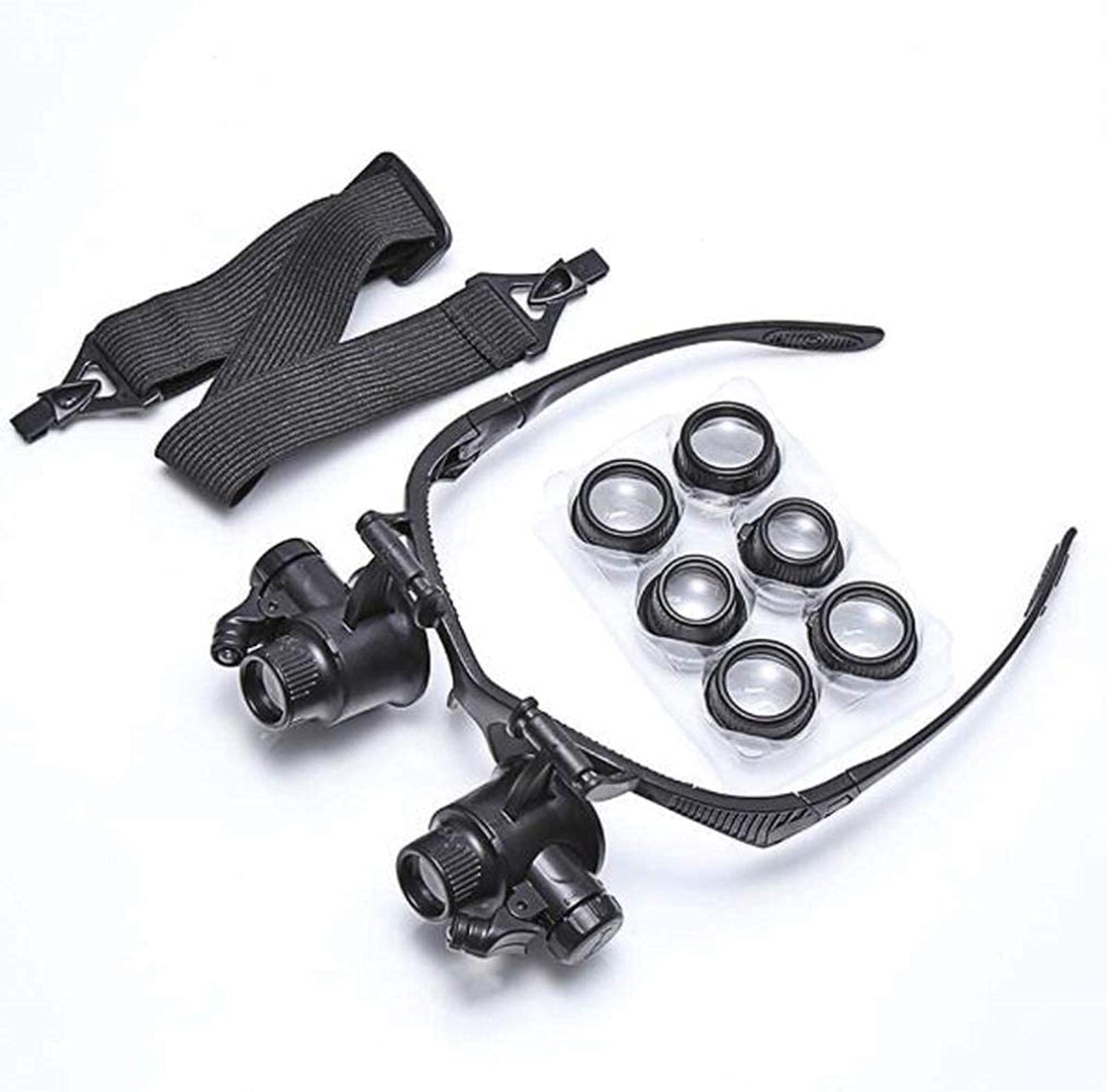 Lupa portátil 10X 15X 20X 25X Gafas de Doble Ojo Cabeza de Lupa con Lupa Auriculares Lupa iluminada Juego de Herramientas con luz LED para reparación de Relojes A/A (A)