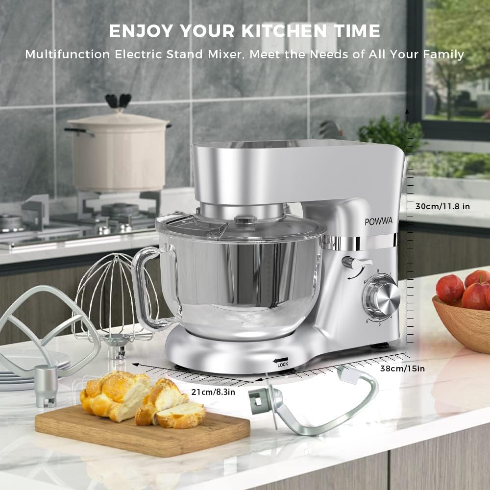 Küchenmaschine, POWWA 6,2 L Rührmaschine Knetmaschine, 6+1 Geschwindigkeit Teigmaschine,1500W Teigknetmaschine mit Schneebesen, Knethaken, Rührbesen & Spritzschutz zum Backen, Kuchen, Kekse