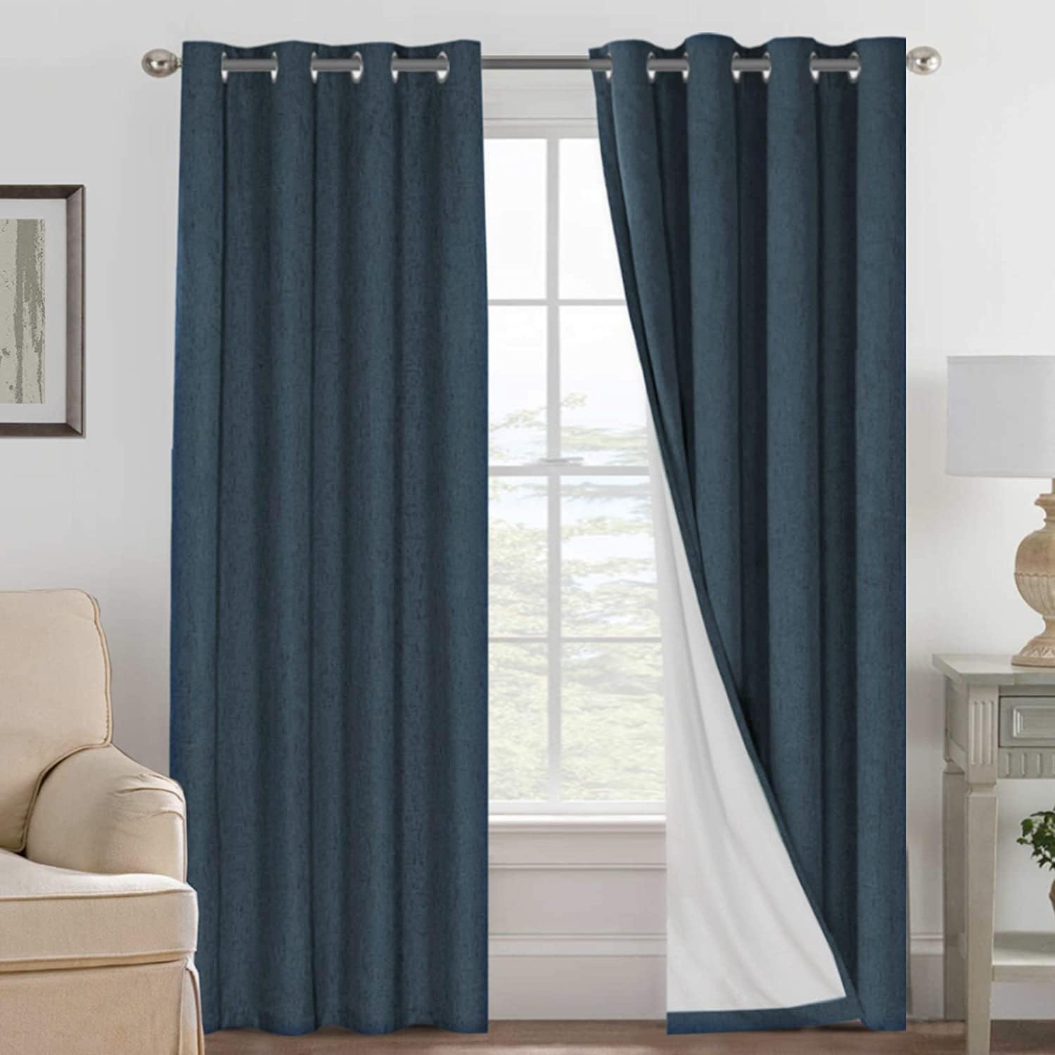 H.VERSAILTEX Linen Curtains 100% Blackout Curtains for Bedroom 90 inch Long Full Light Blocking Nature Linen Blended Window Curtains for Living Room Nickel Grommet (2 Panels, Navy)