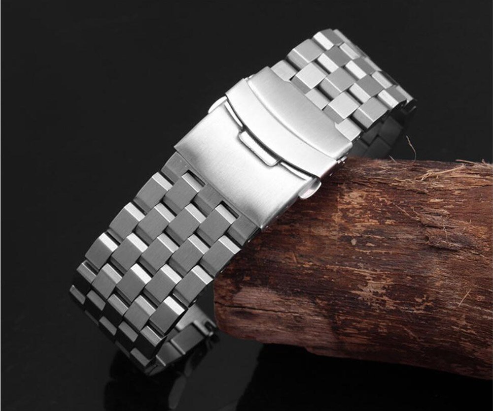 Kai Tian Correa de reloj de acero inoxidable mate de 5 filas de doble bloqueo, banda de metal de repuesto para hombres y mujeres, 18mm, 20mm, 22mm, 24mm, 26mm, negro, plata y azul
