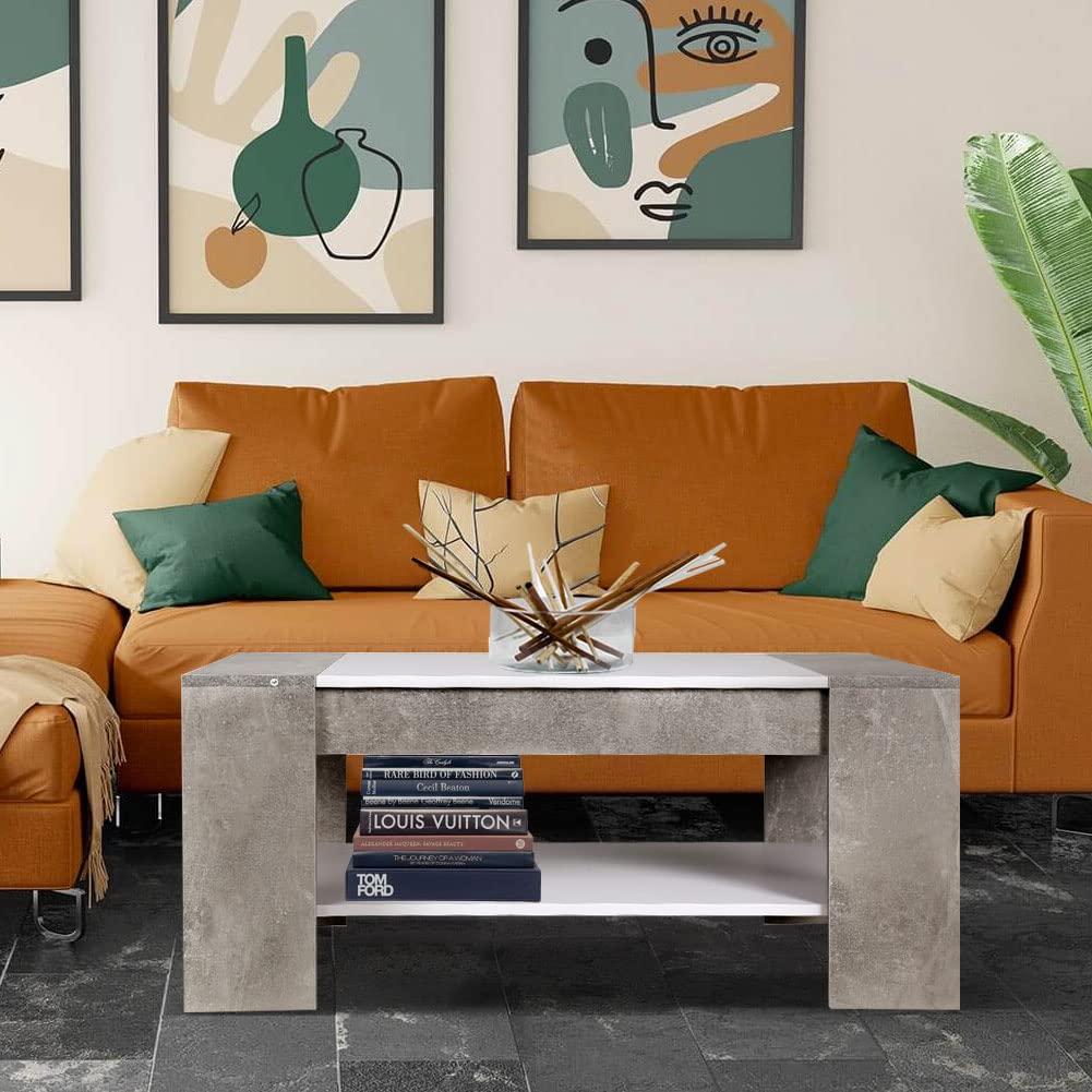 BAKAJI Tavolino Divano Tavolo Caffè da Salotto Rettangolare Design Moderno in Legno MDF con Ripiano Inferiore e Cassetto a Scomparsa Dimensione 100 x 58 x 44 cm Colore Grigio Effetto Cemento