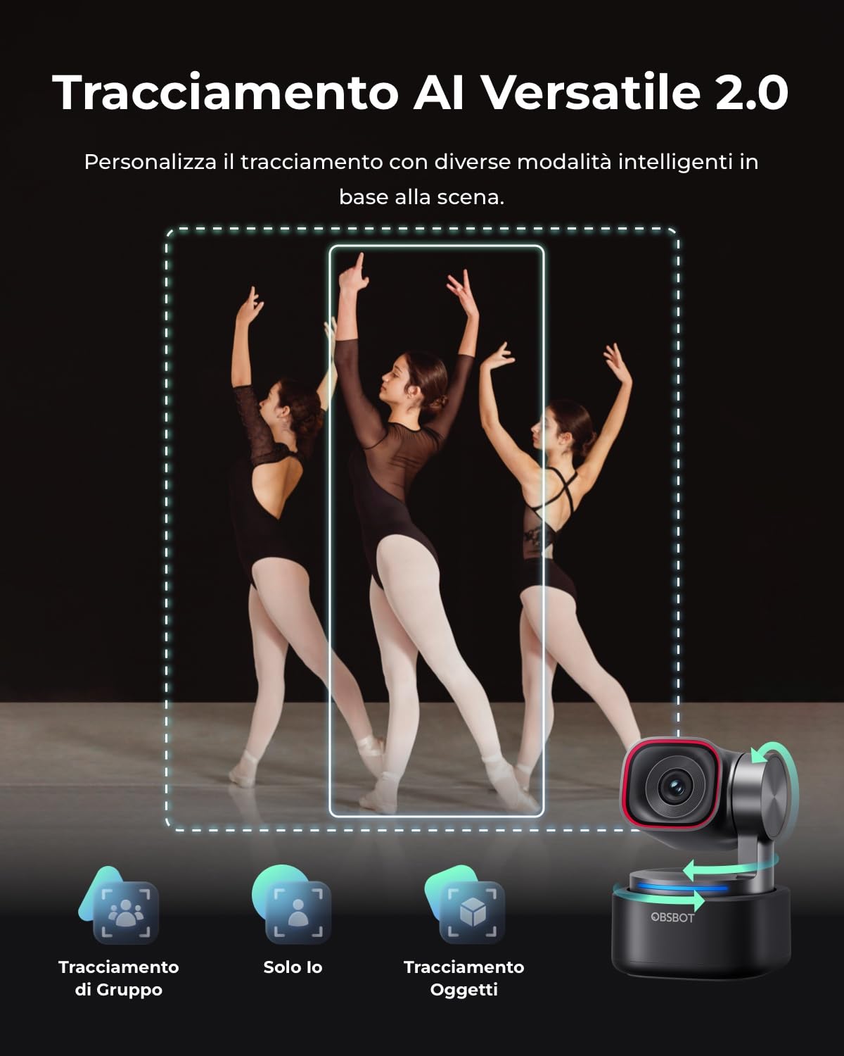 OBSBOT Tiny 3 AI-Powered Spatial Audio 4K Webcam, AI Tracking PTZ Camera con Sensore 1/1,28", Tri-Mic, Sprach- & Gestensteuerung, 120FPS, HDR, Web cam per PC, Laptop, Streaming e Meeting, Switch 2