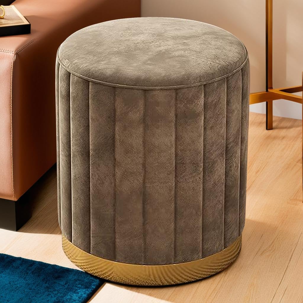 HUB Living Room Ottoman Stools | Office Stools | Pouffes for Office Home Decor & Dressing Table | Foot Rest Ottoman Stools | Velvet Ottoman Pouffes (Cream) (Dark Brown)