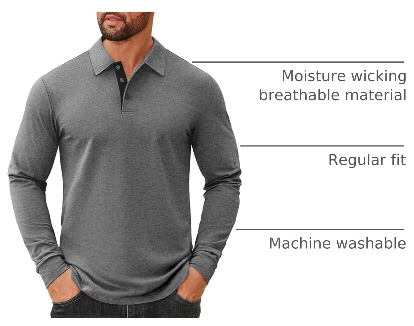 COOFANDY Mens Long Sleeve Polo Shirts Cotton Collared Shirts Casual Business Polo Classic Golf T Shirts image 4