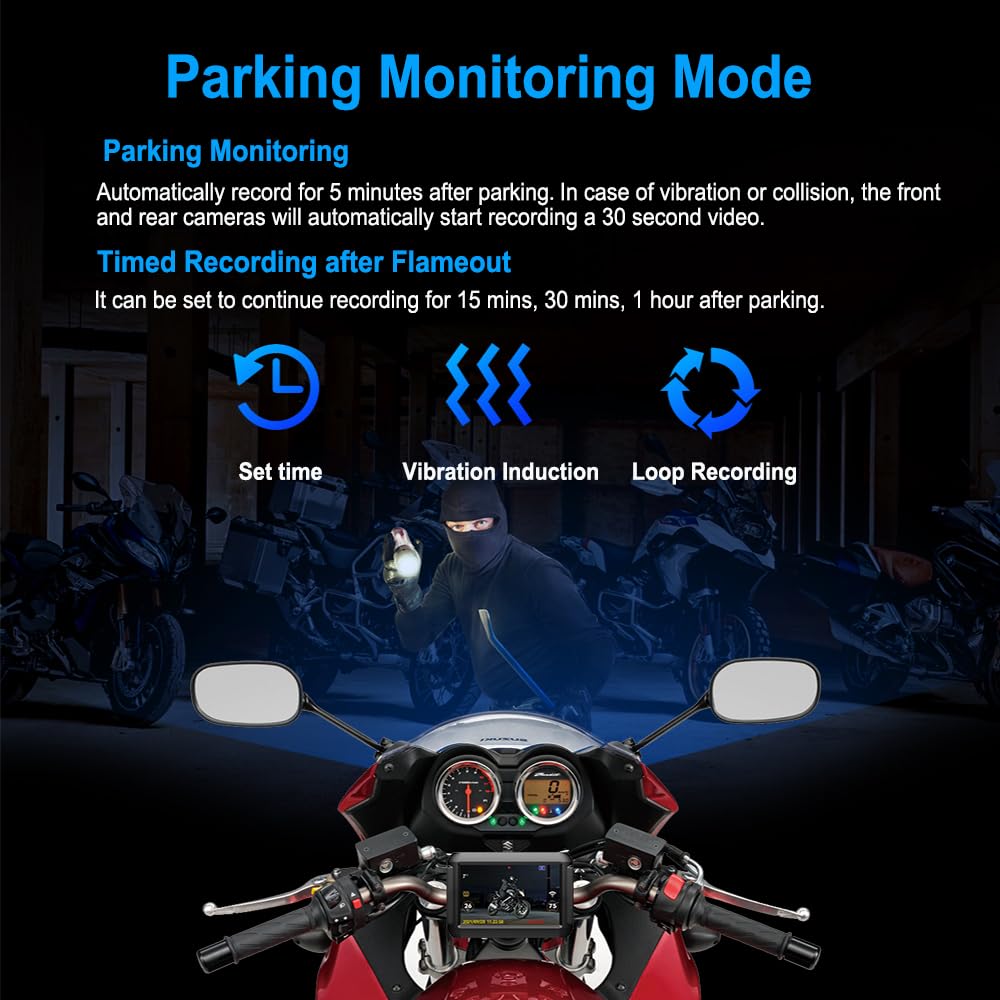 VSYSTO Moto Caméra de recul,4'' écran WiFi Moto Dash Cam avec TPMS GPS HD 1080P Avant et 720P caméra Gauche et Droite, Mode Assistant téléphone capteur de température Surveillance de stationnement
