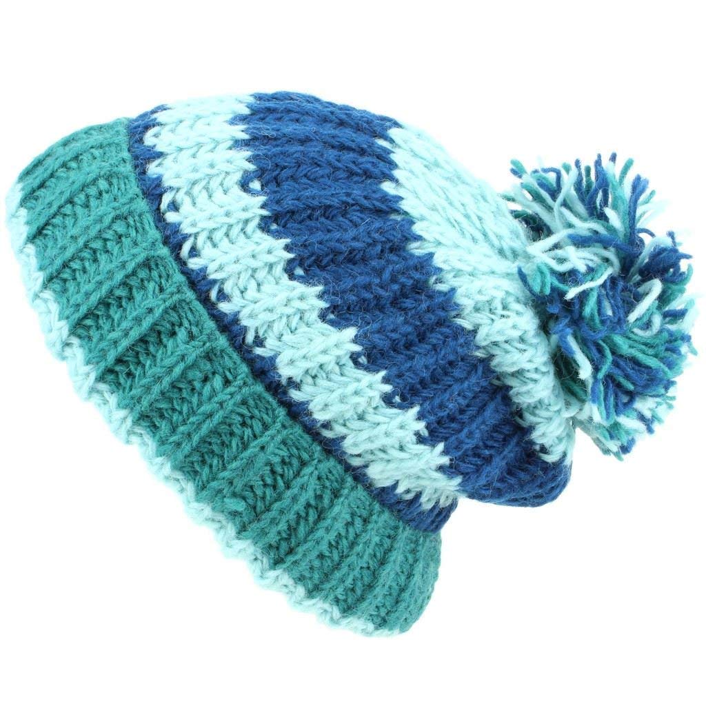LOUDelephant Chunky Wool Knit Baggy Slouch Striped Beanie Bobble Hat - Blue