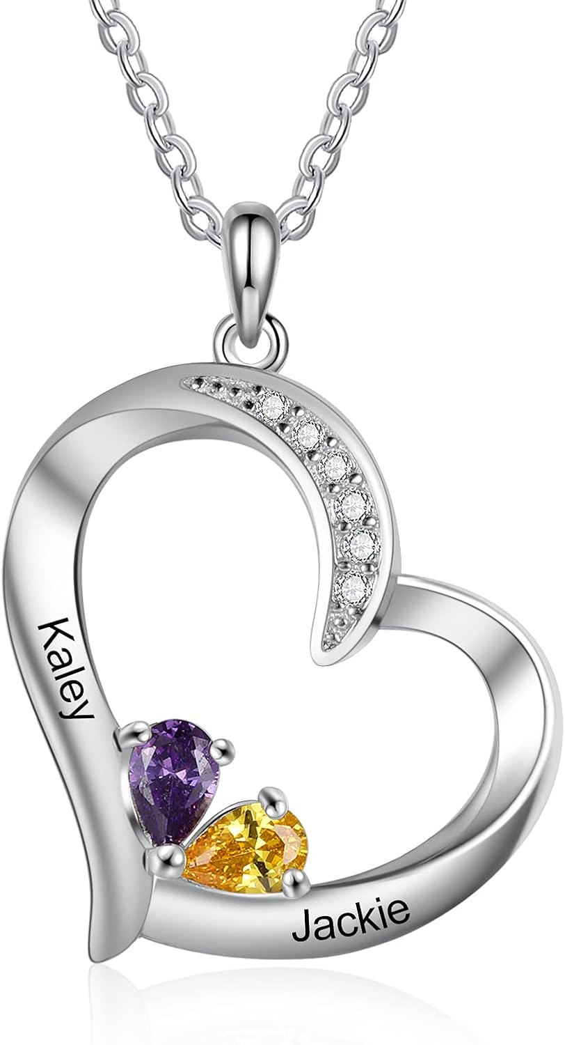 Gemszoo Personalized Heart Necklace with Pear-Shaped Simulated Birthstones Custom Name Mom Pendant Mother's Day Jewelry Gift for Women Grandma