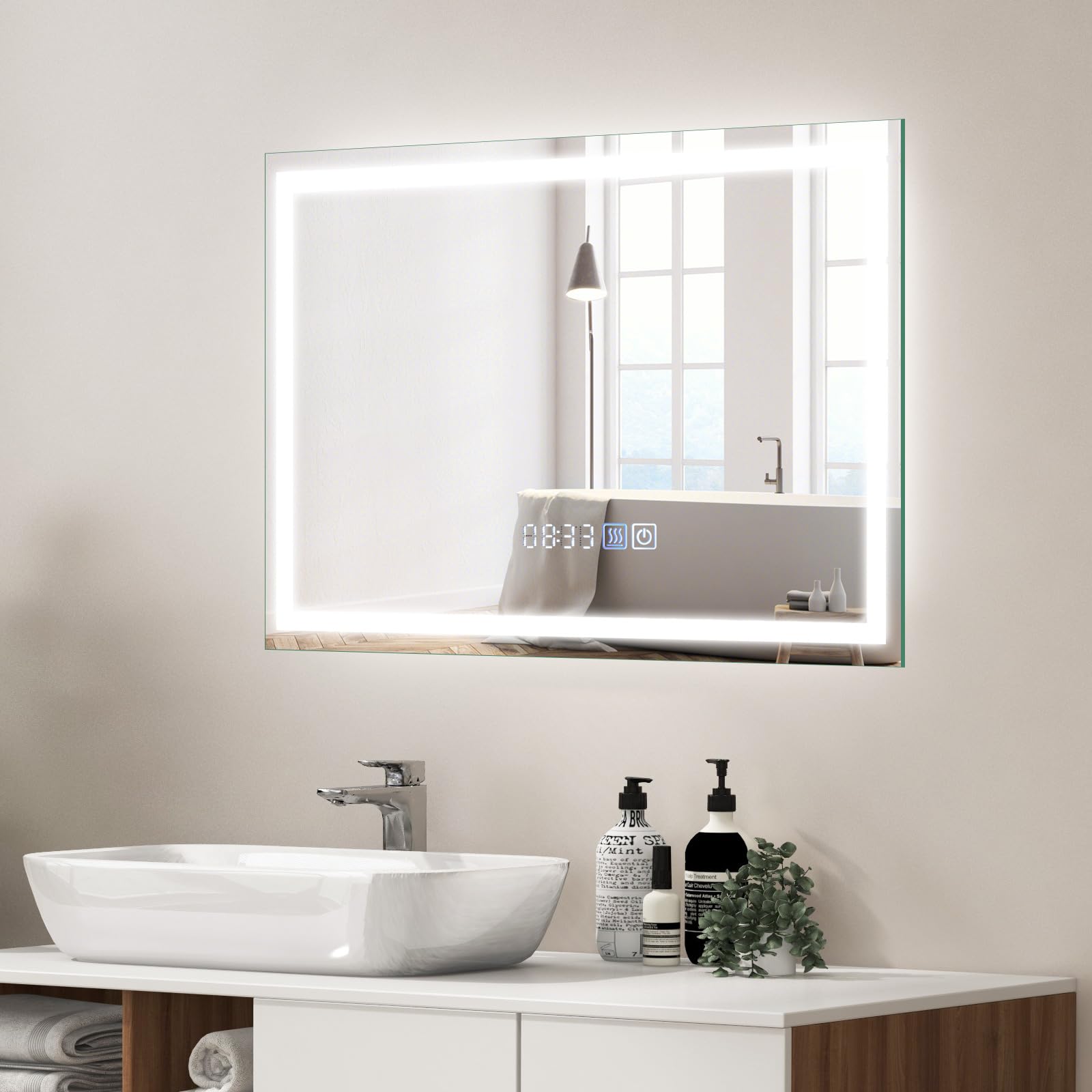 COSTWAY Lustro łazienkowe z oświetleniem, 75 x 50 cm, z funkcją ściemniania, 3000-6000 K, z zegarem, włącznikiem dotykowym i funkcją pamięci, prostokątne