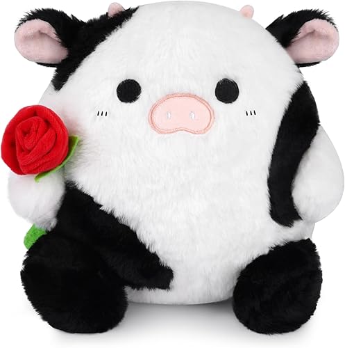Peluche para el día de San Valentín, animal de peluche de vaca, linda almohada de felpa de vaca con rosa, regalo del día de San Valentín para niños,