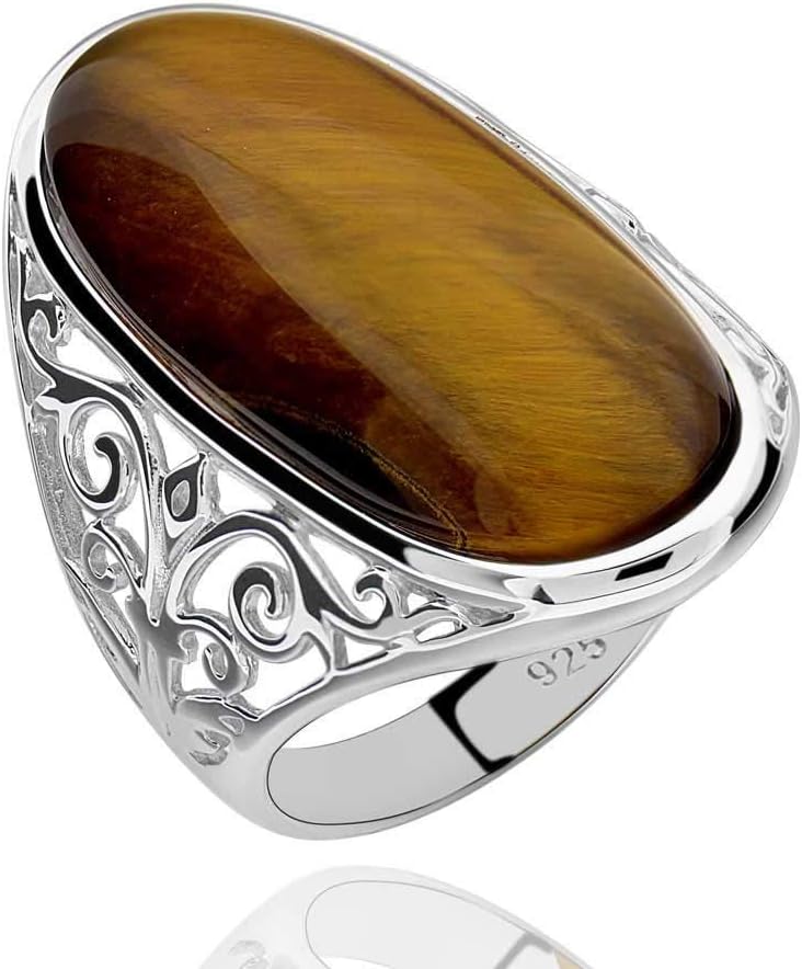 Tiger Eye Stone Statement Ring for Women 925 Sterling Silver Gemstone Magnificent Oval Shaped Tiger Eye Solitaire Ring Mothers Day Gifts for Mom Christmas Birthday Jewelry Gifts for Wife Grandma
