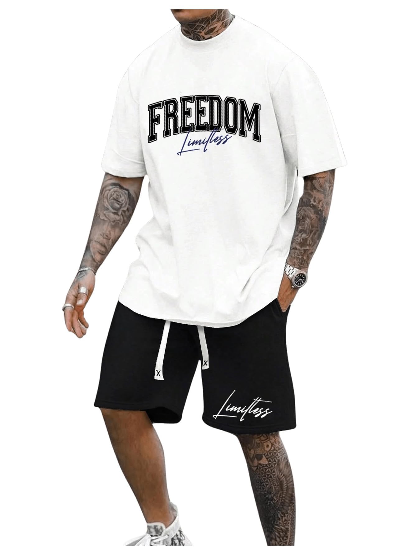 Men's 2 Piece Outfits Letter Print Crewneck Short Sleeve T-Shirt and Shorts Set