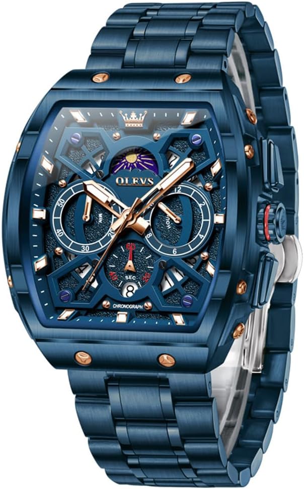 OLEVS Watches for Men Analog Quartz Luxury Diamond Waterproof Chronograph Stainless Steel Big Face Square Date Moon Phase Roman Numeral Dress Watch for Men