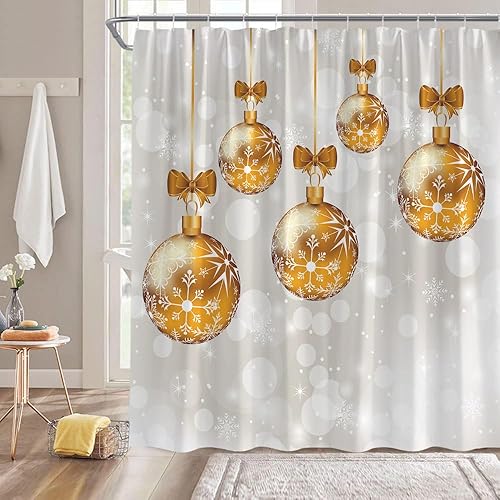 Miniatura 9 de GCTNBJL Cortina de ducha de Feliz Navidad, árbol de Navidad, bolas rojas, caja de regalo, pino, ramita, baya, copo de nieve, vacaciones de invierno,