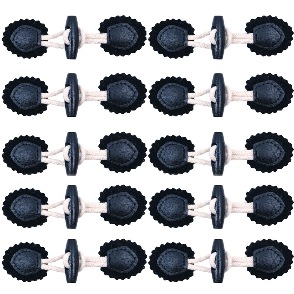 CENPEK 10 Paires Leather Horn Toggle Buttons, Coat Toggle Closure Buttons, Sewing Wooden Handmade Horn Buttons, for Coats Jacket Windbreakers Sweater DIY Decoration - Black