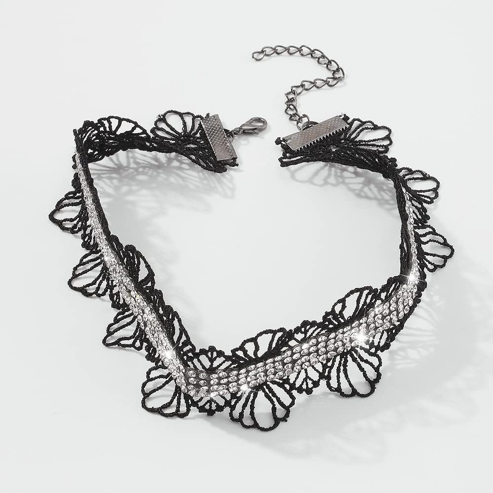 JWICOS Black Lace Choker Necklace for Women Gothic Necklace with Rhinestone Choker Tie Cravat Accessories Gifts for Prom Halloween Costume - Image 3